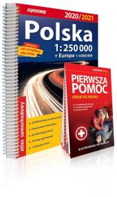 Polska atlas samochodowy 1:250 000 2020/2021 + instrukcja pierwszej pomocy. Autor: praca zbiorowa. ZdrowePodejscie.pl Okładka książki Polska atlas samochodowy 1:250 000 2020/2021 + instrukcja pierwszej pomocy