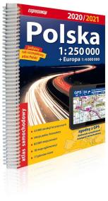Polska atlas samochodowy 1:250 000 2020/2021. Autor: praca zbiorowa. ZdrowePodejscie.pl Okładka książki Polska atlas samochodowy 1:250 000 2020/2021